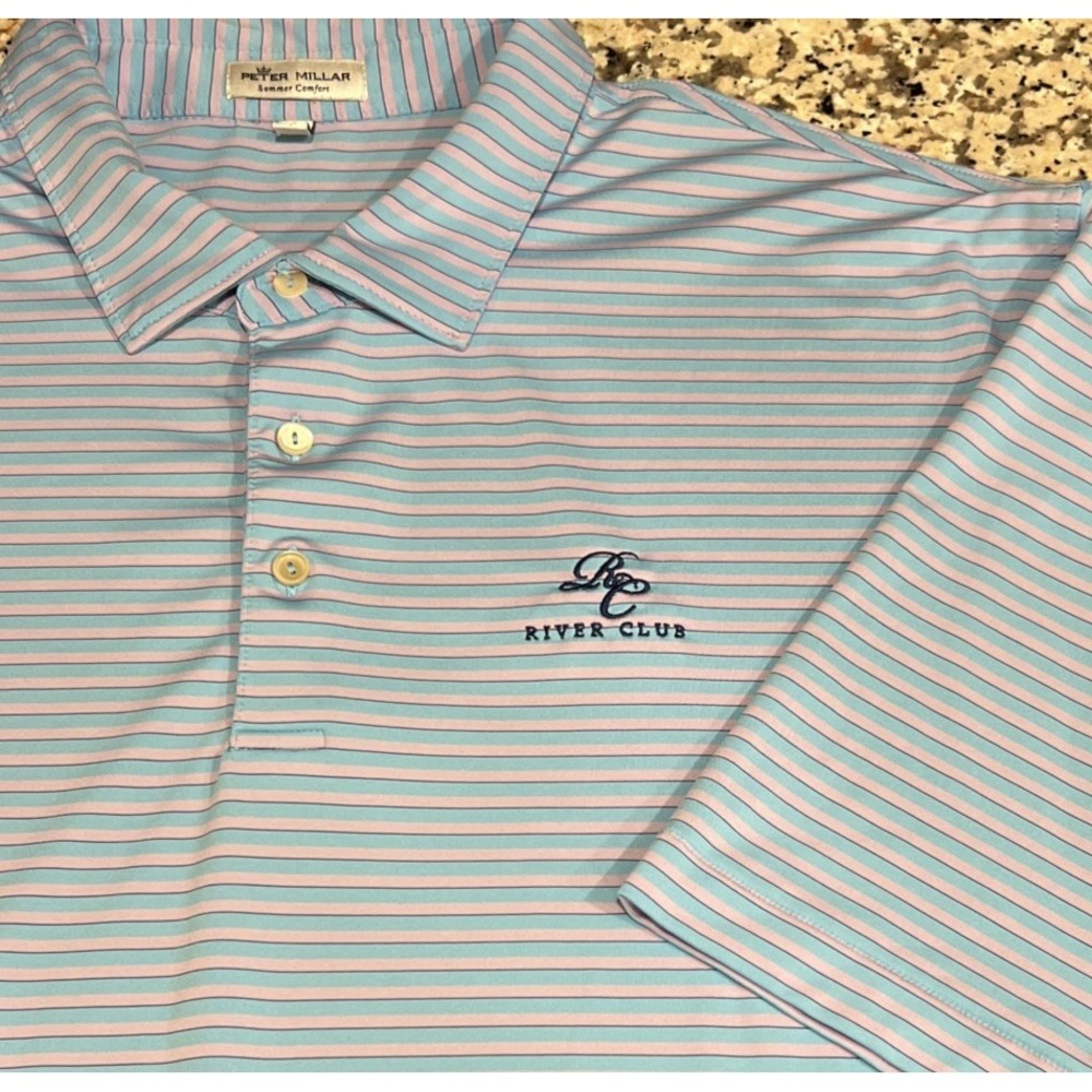 Peter Millar Summer Comfort Polo Golf Shirt RIVER CLUB Logo Blue Striped Men XXL